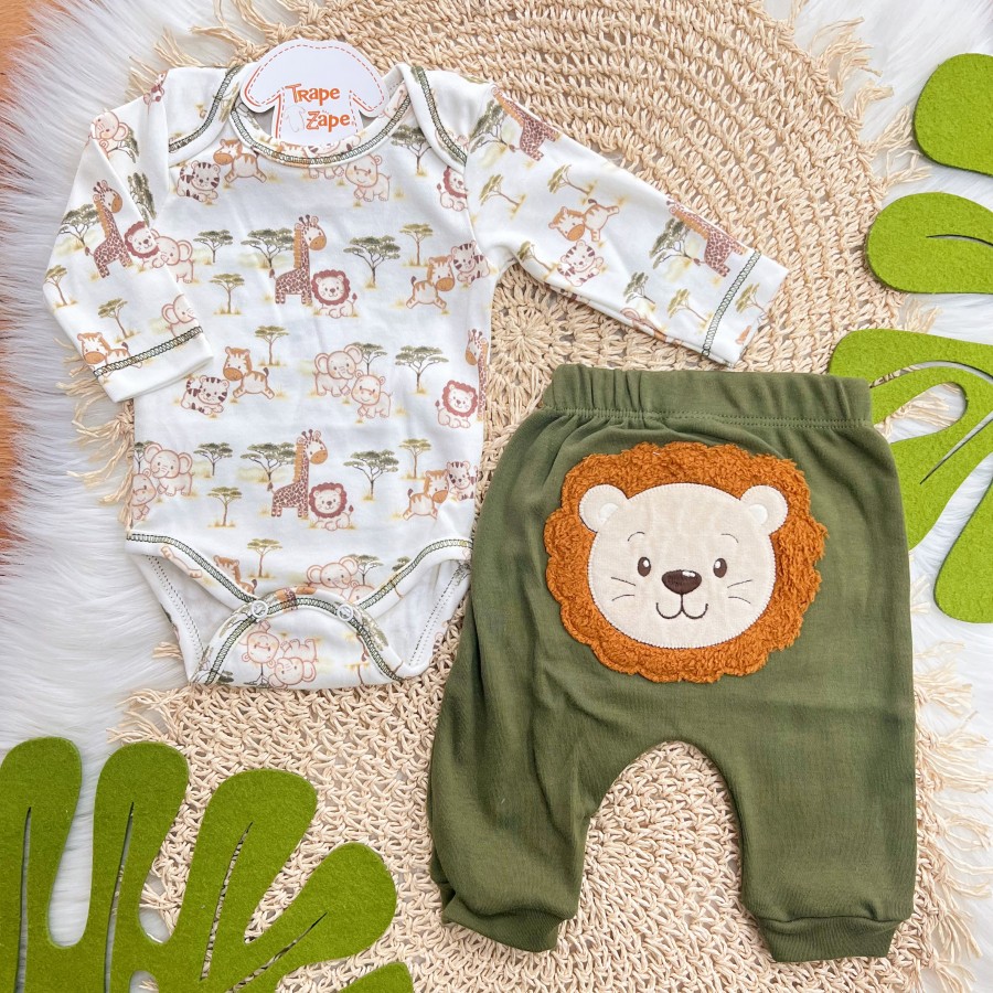 Conj. Body Safari com Leãozinho e Calça - Verde e Off White